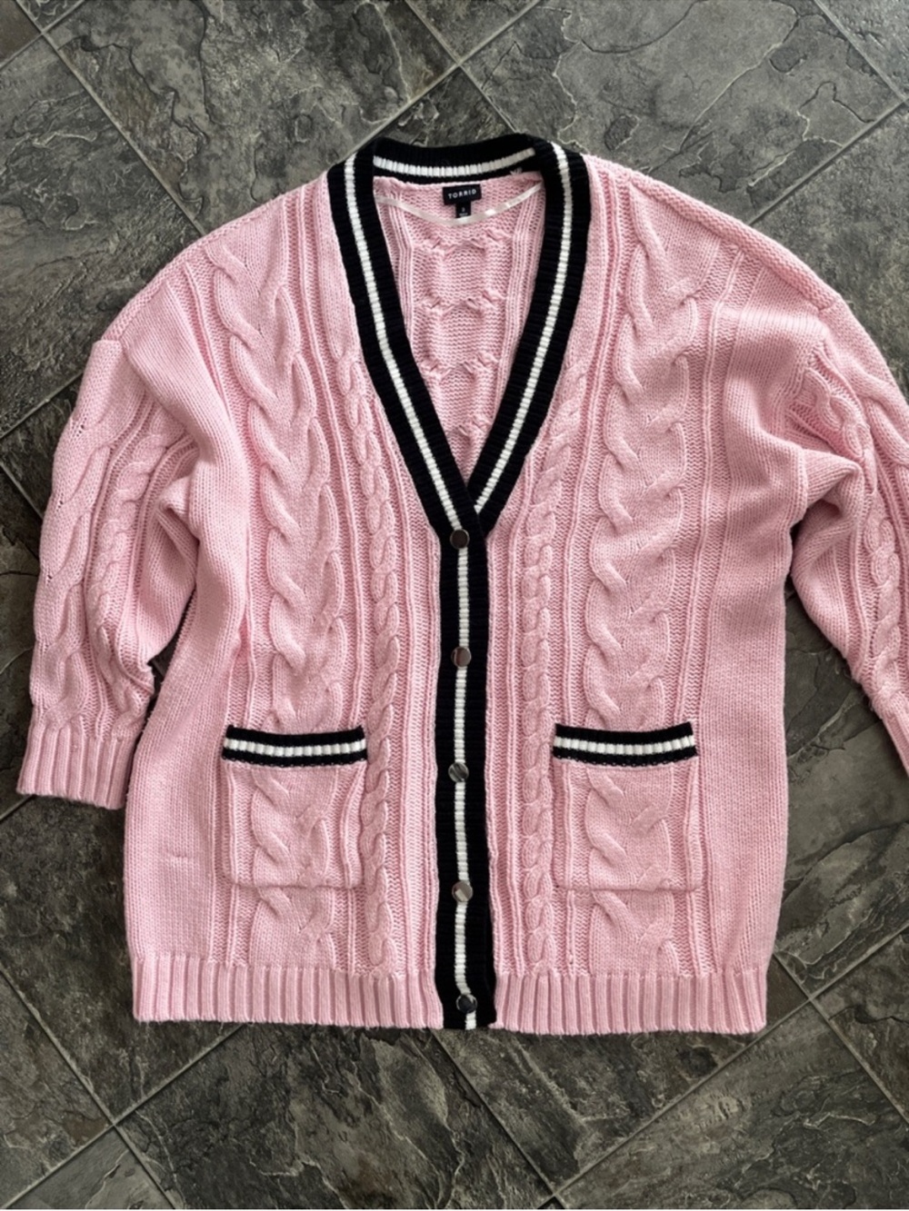 Torrid Pink Cable Cardigan with Black & White Trim